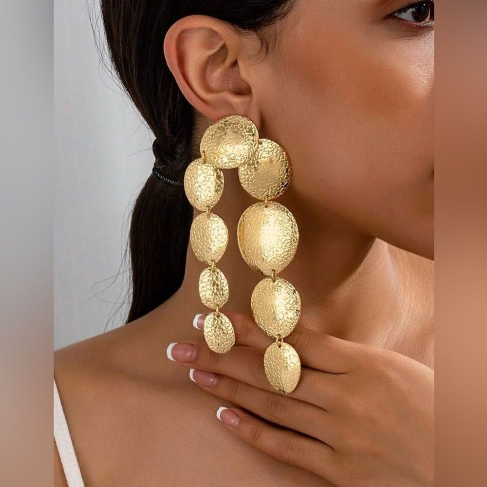 Golden Textured Oval Statement Earrings